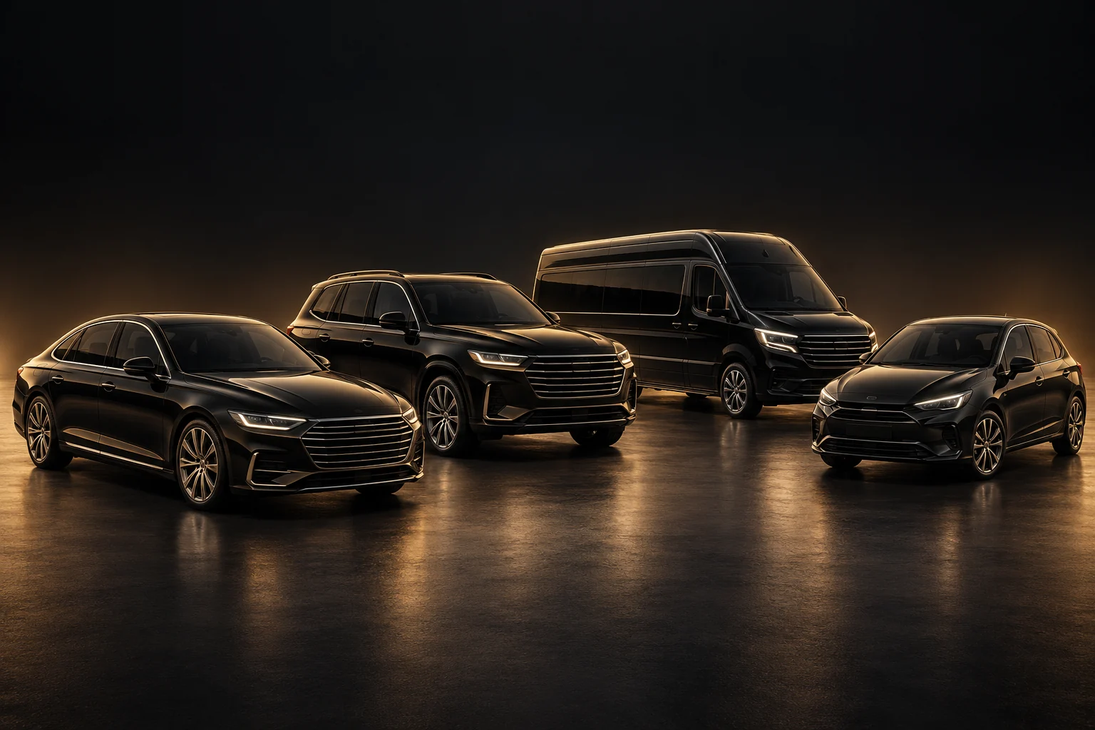 Illustrative sedan, SUV, passenger van, and private-hire vehicle in a dark studio